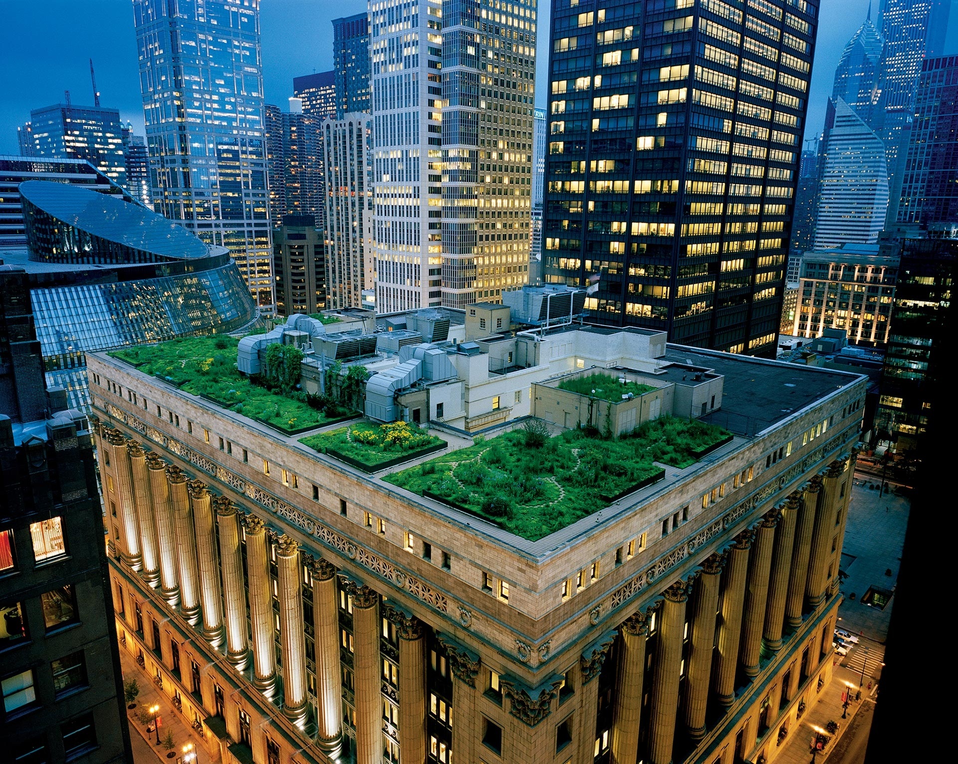 a green roof on top of a building in the city