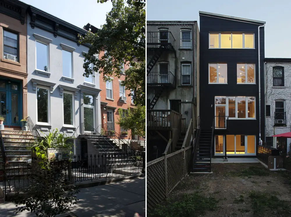 two pictures of different houses with stairs leading up to them