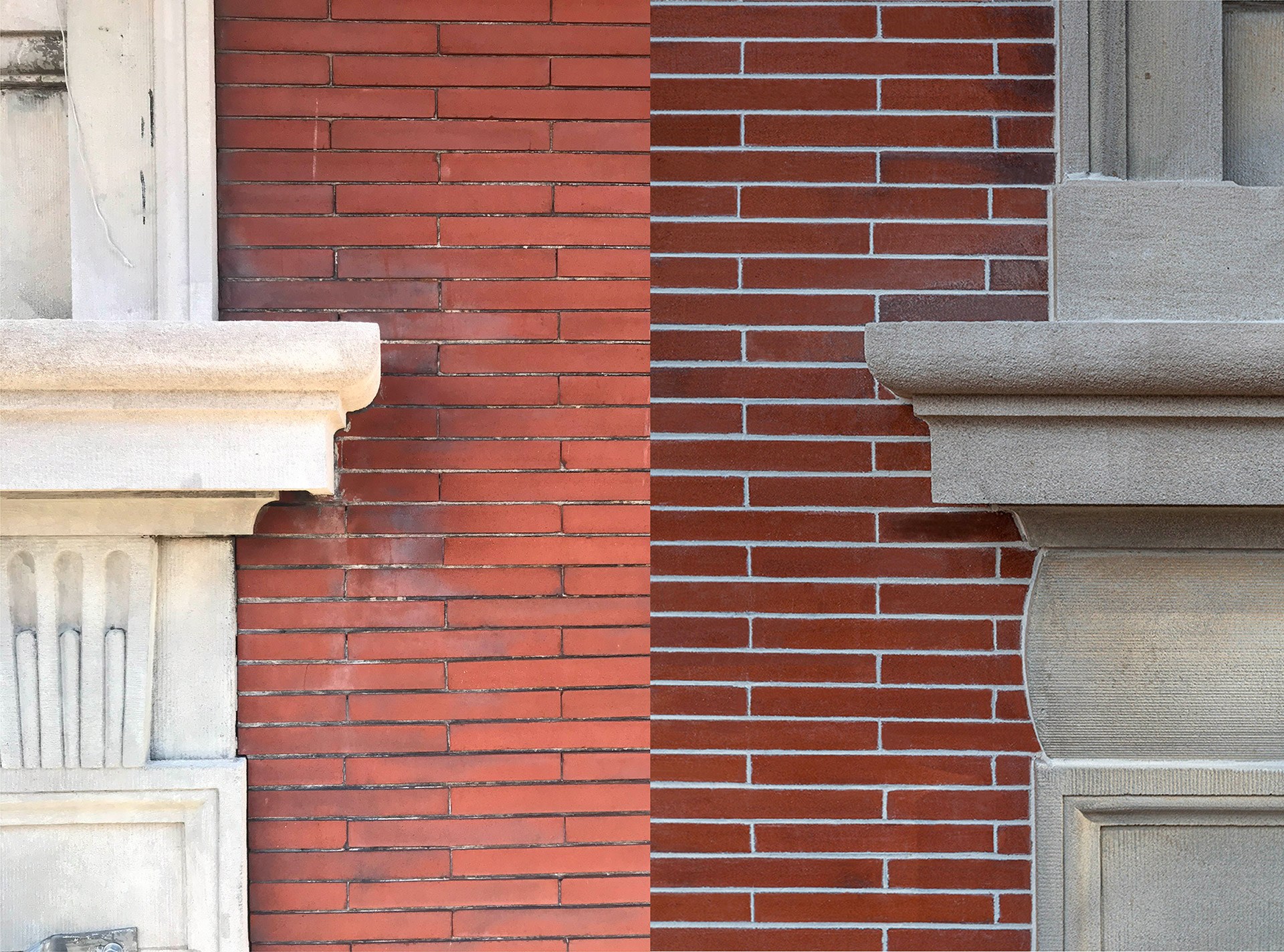 a red brick wall and a white stone pillar
