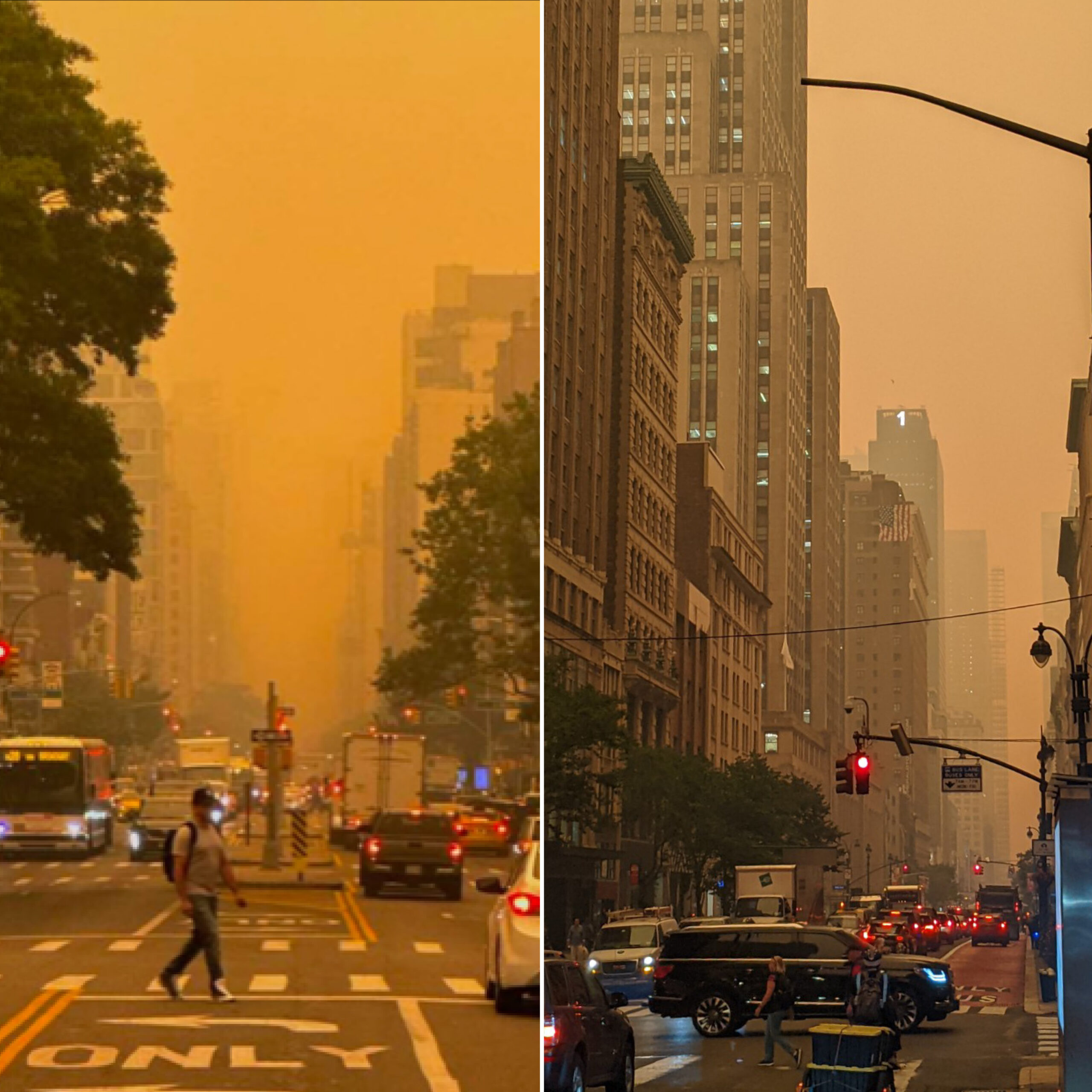 two pictures of the same city street at different times of day